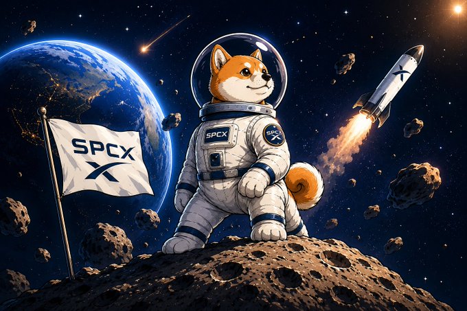 A digital illustration of a Shiba Inu dog wearing a SpaceX astronaut suit, standing on an asteroid with a "SPCX" flag planted beside it, Earth in the background, and a SpaceX rocket launching.