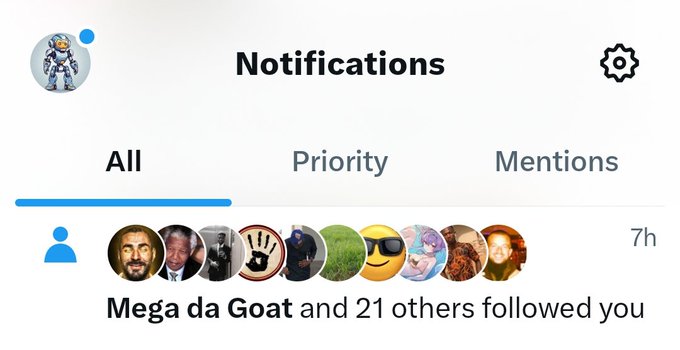 A Twitter notifications panel on mobile displays the 'All' tab selected, showing that 'Mega da Goat and 21 others followed you' 7 hours ago.