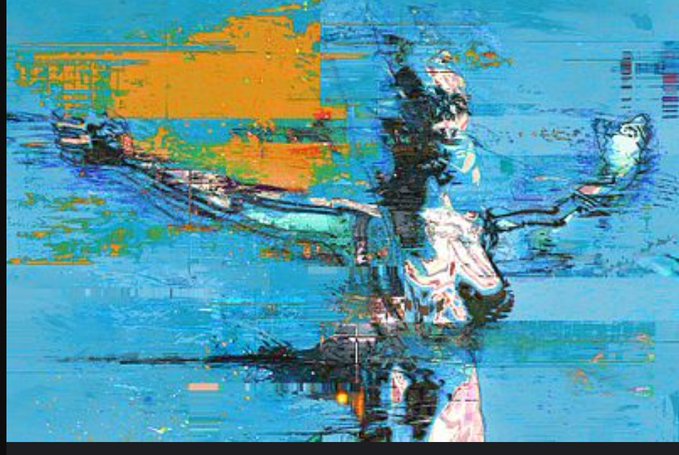 A digital artwork depicting a figure with outstretched arms rendered in glitchy, pixelated blue and orange tones.