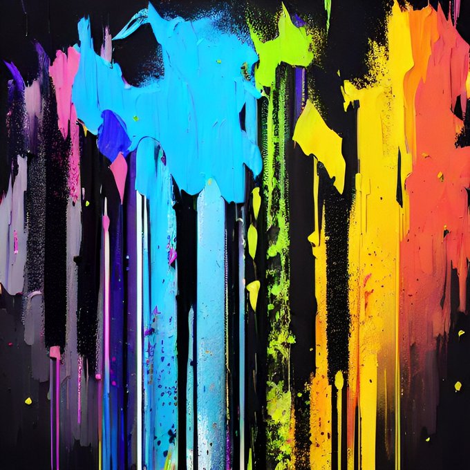 A colorful abstract painting featuring vibrant vertical drips of paint in neon green, yellow, orange, red, pink, purple, and blue against a black background.