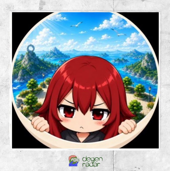 An anime-style image of a red-haired character with an angry expression peering over a circular window, with a tropical island landscape and birds visible in the background, branded with 'degen radar' at the bottom.