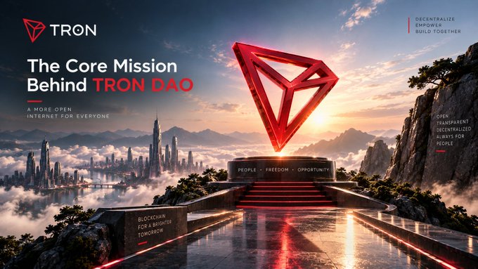 A promotional banner for TRON titled "The Core Mission Behind TRON DAO," depicting a large red TRON logo above a futuristic city landscape, with the tagline "A MORE OPEN INTERNET FOR EVERYONE" and "PEOPLE · FREEDOM · OPPORTUNITY."