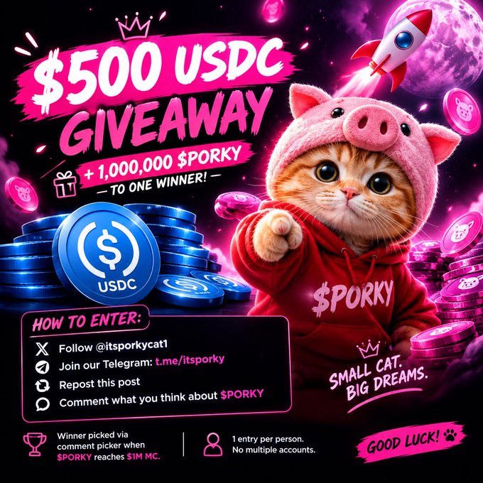 A vibrant pink and blue promotional graphic for a '$500 USDC GIVEAWAY + 1,000,000 $PORKY TO ONE WINNER!' featuring an orange tabby cat in a pig costume and instructions to engage with @itsporkycat1 on social media and Telegram.