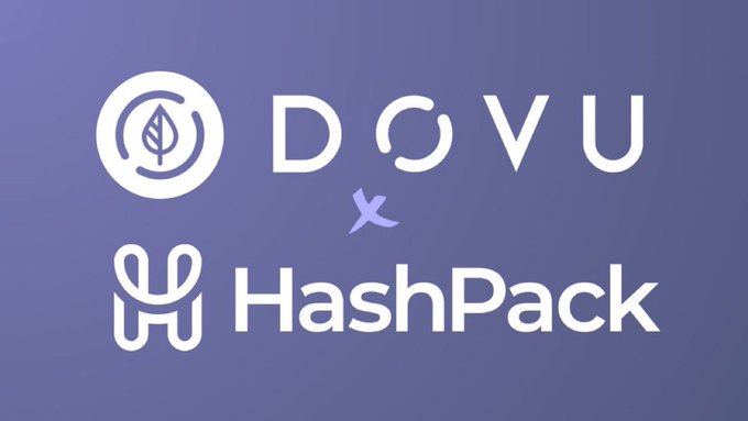 The image displays the logos of DOVU and HashPack on a purple gradient background, visually representing the partnership mentioned in the post between Hedera's flagship trusted data platform (DOVU) and its leading self-custody wallet (HashPack), with a small "x" between them symbolizing their collaboration.