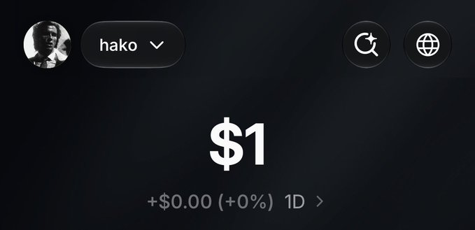 A digital profile for "hako" displays a balance of $1 with no change (+$0.00, +0%) over 1D, humorously paired with the caption "and a dream." to capture the modest starting point of someone's financial aspirations.