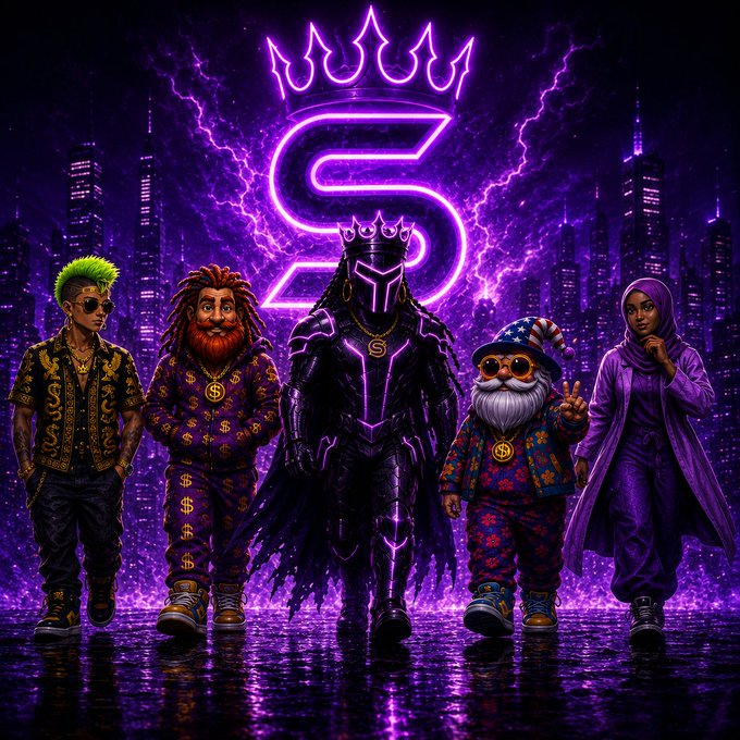 A vibrant digital artwork featuring five characters including a knight in dark armor with a glowing purple 'S' crown logo, a man with green hair, a figure with red hair, a gnome, and a woman in a hijab, set against a stormy purple cityscape.