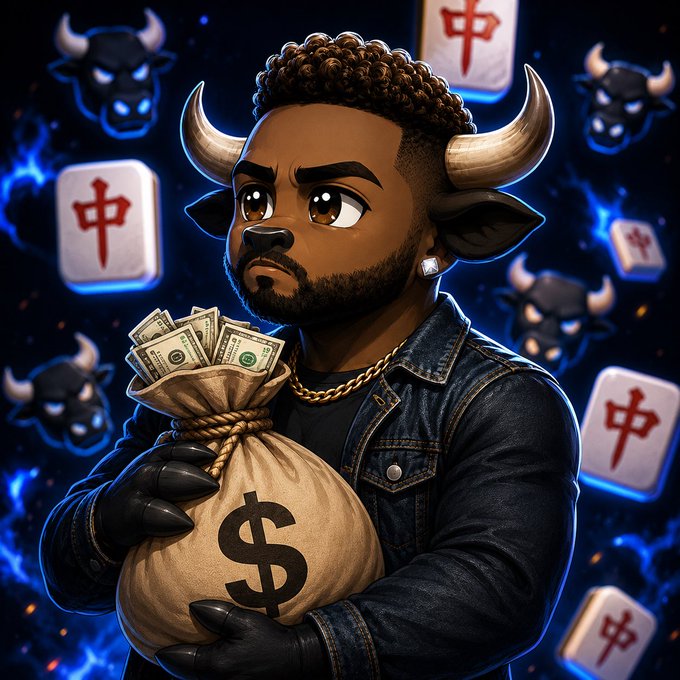 A cartoon-style character with bull horns and a beard clutches a money bag marked with a "$" symbol and a fan of cash, surrounded by floating mahjong tiles bearing the Chinese character "中" (meaning "red dragon" or "middle") and glowing bull emblems against a dark blue background. The image ties into the post by pairing imagery of wealth, bull-market confidence, and East Asian gambling motifs to hype a Solana giveaway, encouraging users to drop their wallet addresses and retweet for a chance at crypto.