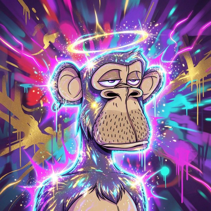 A vibrant, colorful digital artwork depicts a Bored Ape-style NFT character with a glowing yellow halo, set against a background of neon graffiti, paint splatters, and cosmic elements in pink, blue, and purple.