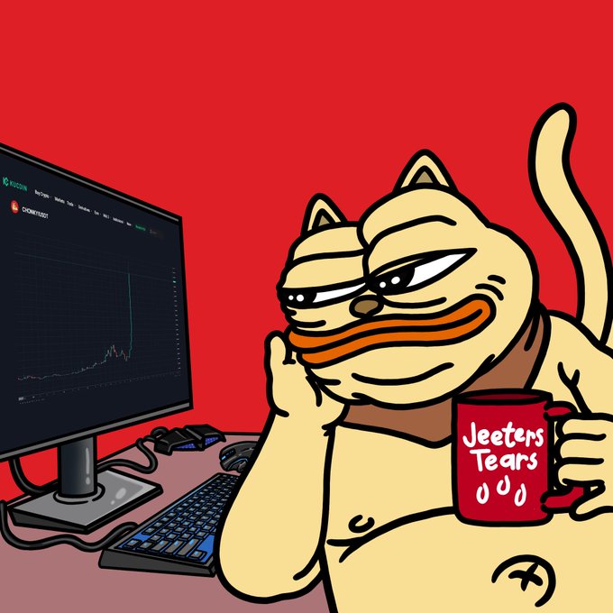 A smug cat character wearing a tank top holds a red mug reading "Jeeters Tears 000" while staring at a crypto trading chart on the monitor, mocking those who lose money—tying into the "GM" crypto enthusiasm by celebrating winners over the "jeeters" (losers) as a bullish week kicks off.