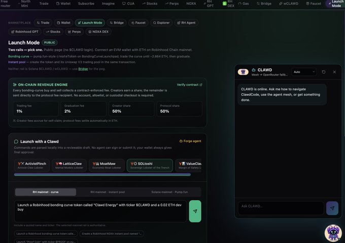 A desktop view of the CLAWD launch mode page explaining the 'Two rails - pick one' token launch process with details on bonding curve, initial pool, and on-chain revenue engine for launching a Robinhood bonding curve token called 'Clawd Energy' ($CLAWD).