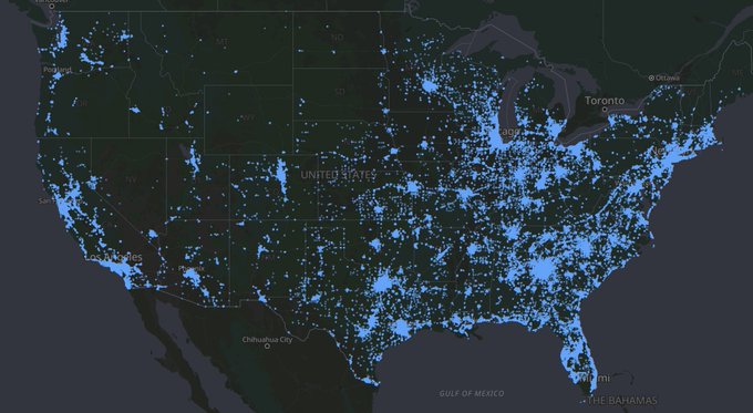 A dark map of the United States is densely dotted with thousands of bright blue points, illustrating the widespread network of Flock surveillance cameras blanketing the country from coast to coast, including major cities like Chicago, Dallas, Atlanta, Miami, and Toronto. The overwhelming density of camera locations reinforces the post's claim that Flock's surveillance presence is nearly ubiquitous, seemingly confirming Orwellian fears of constant monitoring.