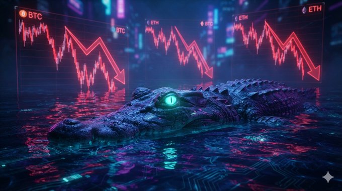 A digital art piece showing a cybernetic alligator with glowing green eyes floating in neon water, with red downward-pointing crypto charts labeled "BTC" and "ETH" in the background.