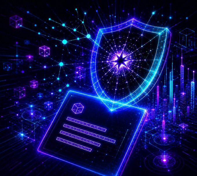 A glowing neon blue shield with a starburst center hovers protectively above an open document, set against a backdrop of interconnected blockchain nodes and a digital cityscape. The imagery visually reinforces the message's theme of "trust intelligence"—the shield symbolizes security and protection while the document and network of nodes represent the behavioral, reputational, and transactional data being verified, highlighting $INSO's role as a safeguard layer in blockchain interactions.