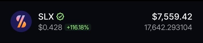 A cryptocurrency price tracker widget displaying 'SLX' at $7,559.42, with a current price of $0.428 and a daily increase of +116.18%.