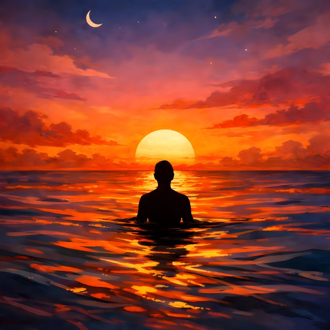 A silhouetted figure soaks in calm waters facing a glowing sunset, with a crescent moon and stars overhead, embodying the "Still Waters" theme of peaceful reflection on Day 178.