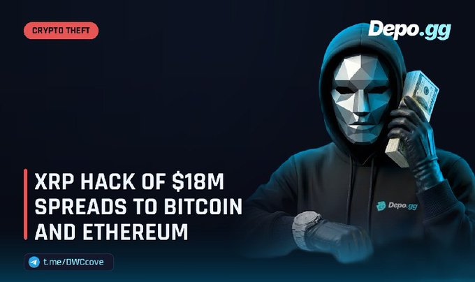 Depo.gg promotional graphic labeled 'CRYPTO THEFT' featuring a masked hooded figure holding cash, with the headline 'XRP HACK OF $18M SPREADS TO BITCOIN AND ETHEREUM' and a link 't.me/DWCcove'.
