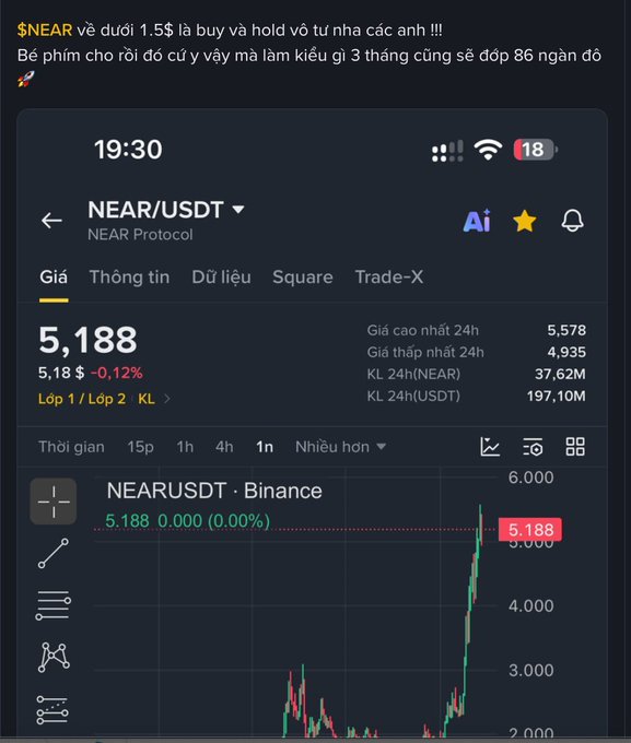A screenshot of a cryptocurrency trading app displaying the NEAR/USDT pair at 5.188, accompanied by Vietnamese text encouraging viewers to buy and hold NEAR for 3 months to reach 86k.
