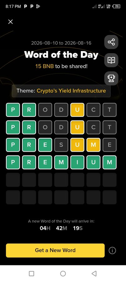 A screenshot of a "Word of the Day" word-guessing game with the theme "Crypto's Yield Infrastructure" (15 BNB to be shared), showing four completed guesses including the correct answer "PREMIUM" highlighted in green across the bottom row.