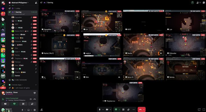 A Discord voice channel called 'Gaming' showing multiple users sharing screens of top-down multiplayer game footage.