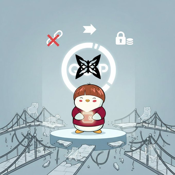 The image features a cartoon penguin standing on a bridge, holding a book or tablet device. The background of the image shows a cityscape with various buildings and bridges. The caption above the image reads "I used to be exhausted by this chain forking that chain, waiting a whole week for upgrades, then having to bridge assets back and forth like migrating then I met @quipnetwork suddenly everything became strangely simple: No branching No waiting No moving assets".