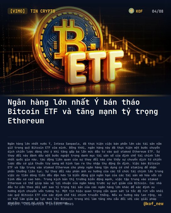 A Vietnamese crypto news graphic from KOF (04/08) titled 'TIN CRYPTO' featuring a 3D Bitcoin ETF logo with a headline stating Italy's largest bank plans a Bitcoin ETF and increases Ethereum holdings.