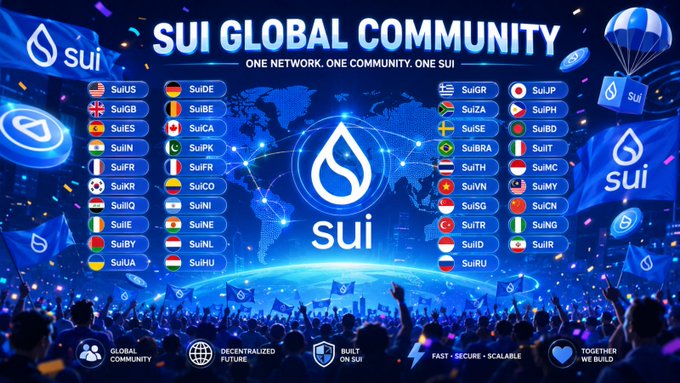 This image depicts the "SUI GLOBAL COMMUNITY" with a world map background and flags representing various countries like SuiUS, SuiGB, and SuiIN, emphasizing "ONE NETWORK. ONE COMMUNITY. ONE SUI."