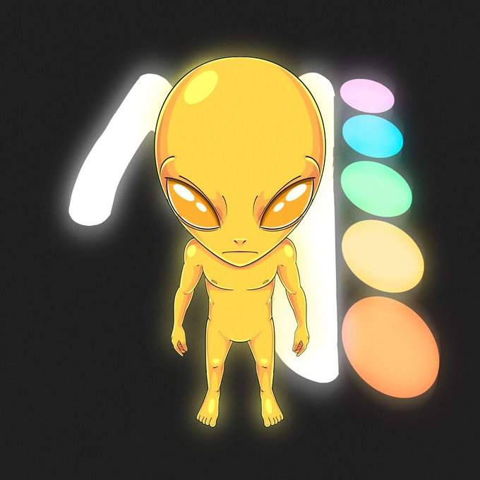 An illustration of a yellow alien figure with large eyes standing in front of a glowing letter "A" and a vertical row of colored circles against a black background.