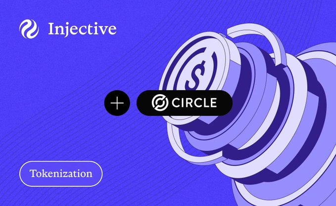 A promotional graphic for Injective featuring a partnership with Circle, with 'Tokenization' labeled and a dollar-sign coin illustration.