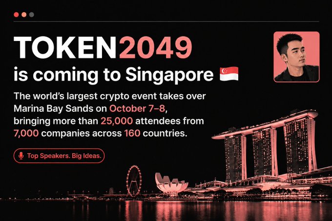 A promotional banner announces TOKEN2049 coming to Singapore on October 7-8 at Marina Bay Sands, featuring 25,000 attendees from 7,000 companies across 160 countries, with 'Top Speakers. Big Ideas.' highlighted.