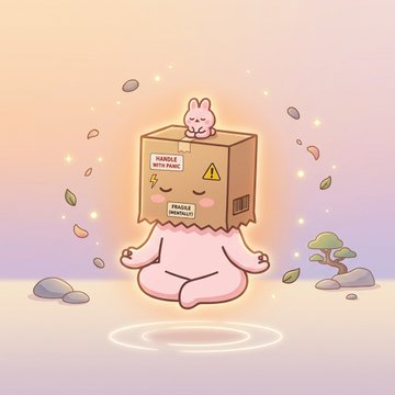 A cute pink character meditates in a lotus position wearing a cardboard box labeled 'HANDLE WITH PEACE' and 'Fragile', with a small white creature sitting on top.