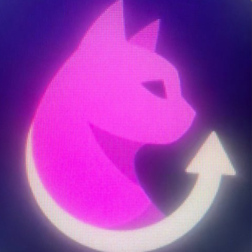 A glowing neon sign displays a pink cat sitting on a crescent moon shape with an upward-pointing arrow.