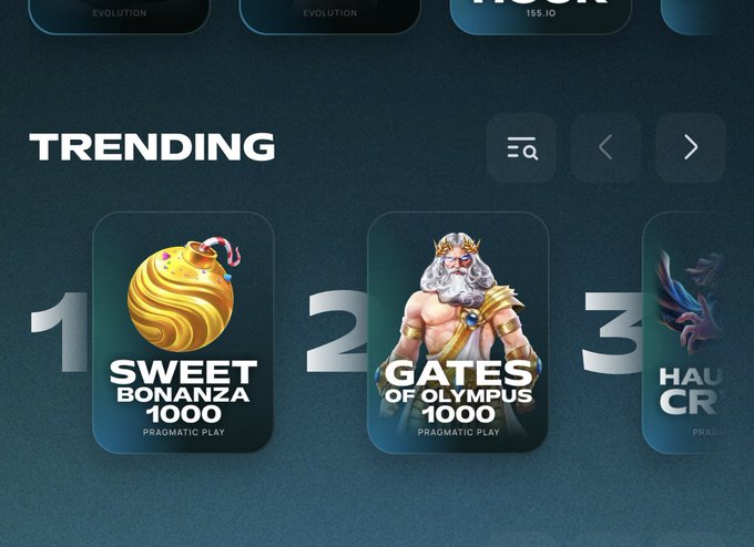 A screenshot showing a casino app's "TRENDING" section, highlighting slots ranked #1 (Sweet Bonanza 1000 by Pragmatic Play), #2 (Gates of Olympus 1000 by Pragmatic Play), and #3 (Haunted Crypt), which corresponds to the top games currently trending on PlayOnMint Casino.