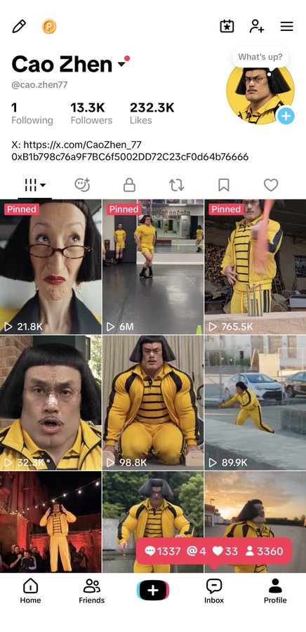 A TikTok profile for "Cao Zhen" (@cao.zhen77) displaying 13.3K followers and 232.3K likes, featuring pinned videos of a person in a yellow jumpsuit and bow-shaped haircut, including one video with 6M views that connects to the post's reference to TikTokers enjoying content related to @cz_binance.