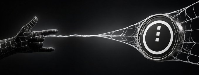 A conceptual black and white image shows a wireframe hand being entangled in a web held by a circular icon with an exclamation mark.