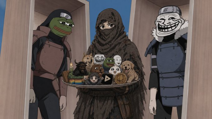 The image features a cartoon scene with two people wearing funny costumes, one of whom has a large tray filled with stuffed animals. A third person dressed as a frog can be seen standing next to them. The background shows a wooden wall or door frame, which adds to the overall humorous and lighthearted atmosphere of the scene. The caption "gm return to memes" suggests that this image is related to a meme or social media post about funny costumes and stuffed animals.