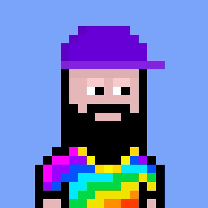 A pixel art illustration of a bearded character wearing a purple hat and a colorful rainbow-striped sweater against a blue background.