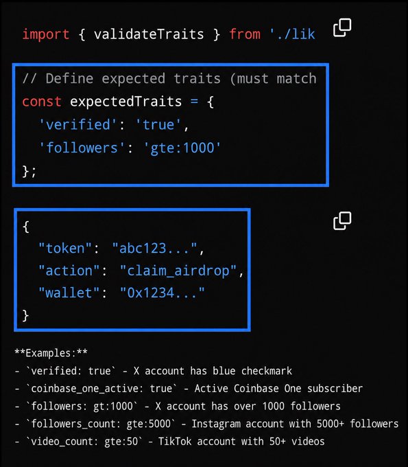 The image shows JavaScript code defining `expectedTraits` for airdrop eligibility, checking that users are `'verified': 'true'` with `'followers': 'gte:1000'`, along with a sample airdrop claim object containing token "abc123..." and wallet "0x1234...". The accompanying examples explain trait criteria like verified status, Coinbase One subscription, and follower counts across X, Instagram, and TikTok—relating to the post by outlining technical criteria that content creators on X, Farcaster, and Base may need to meet to qualify for the $BASE airdrop.