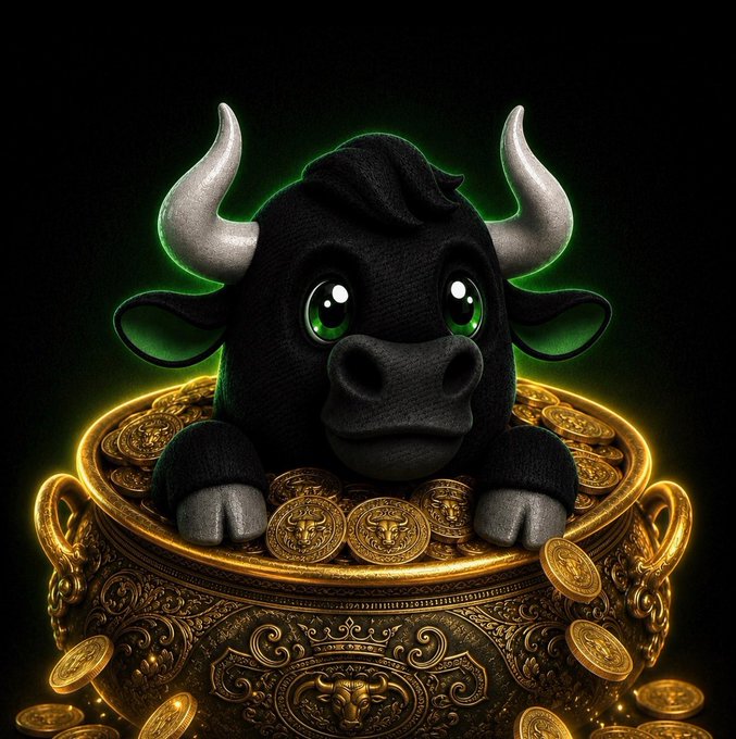 A cute black bull peeks out of a pot overflowing with gold coins, representing the $ANSEM rewards available from the Bullpot mint that closes in 22.5 hours.