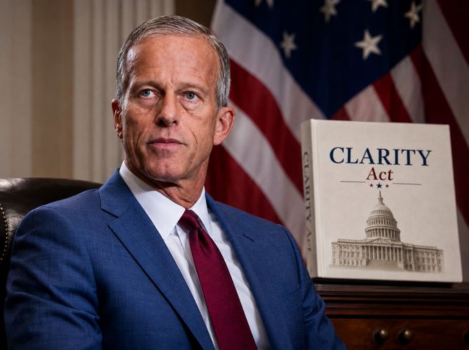 A formal photograph of a man in a blue suit and red tie standing in front of an American flag, with a copy of the 'CLARITY Act' displayed beside him.