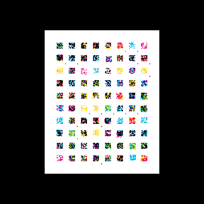 A poster featuring a grid of colorful pixel art characters, each composed of multicolored squares arranged in small humanoid figures against a white background.