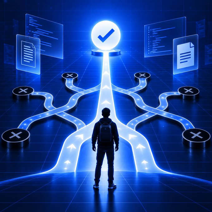 A futuristic, blue-toned digital artwork showing a silhouetted figure with a backpack facing a glowing pathway that leads to a large checkmark, with branching paths marked by 'X' icons and floating document panels.