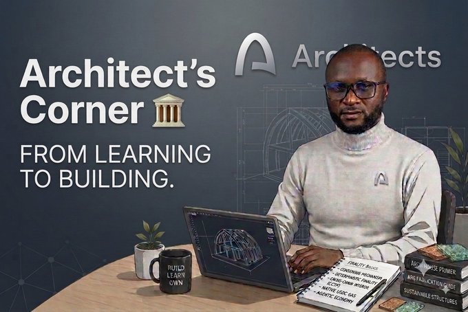 An 'Architect's Corner - From Learning to Building' promotional image featuring a man with glasses at a desk with a laptop, mug reading 'BUILD LEARN OWN', and books on structural engineering.