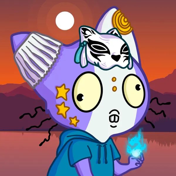 A stylized cartoon cat character with a white fox-like mask and star-marked ears gazes wide-eyed while holding a glowing blue flame against a sunset landscape. The image illustrates a newly minted NFT character from the Felis collection, capturing the mystical, mysterious aesthetic of the artwork as it joins its creator's digital collection.
