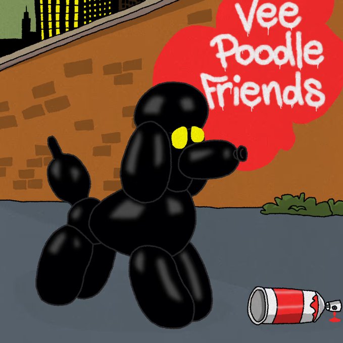 A cartoon-style image featuring a black balloon-animal dog with glowing yellow eyes against a brick wall, with the title 'Vee Poodle Friends' written in graffiti-style text on a red splash.