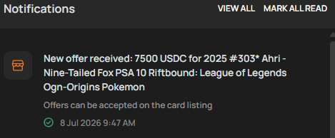 A "Notifications" panel displays a message reading "New offer received: 7500 USDC for 2025 #303* Ahri - Nine-Tailed Fox PSA 10 Riftbound: League of Legends Ogn-Origins Pokémon," timestamped 8 Jul 2026, supporting the post's claim of receiving a liquid $7,500 offer on the recently purchased Ahri card.