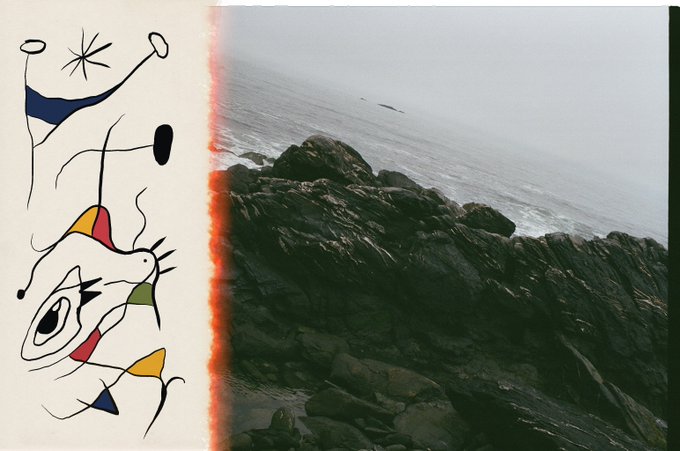 A split composition pairs a colorful, abstract Miro-style painting of whimsical figures and organic shapes on the left with a moody photograph of dark, jagged coastal rocks meeting a misty sea on the right, evoking a sense of artistic duality and anticipation for the upcoming "First of the Roll" NFT drop launching on OpenSea on July 14th.