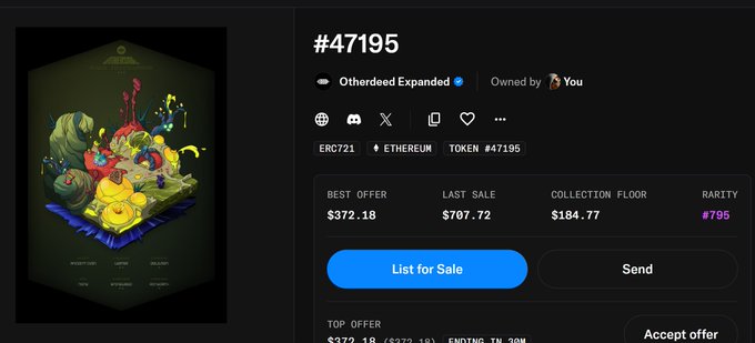 A screenshot of an NFT marketplace listing for token #47195 "Otherdeed Expanded" on Ethereum, showing a best offer of $372.18, last sale of $707.72, and a collection floor of $184.77.