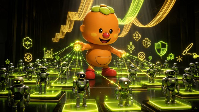 A 3D illustration of a cute orange character with green leaves on its head, controlling green laser beams that power an army of small robots.