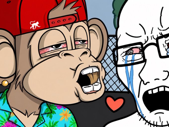 A cartoon drawing of a crying monkey in a red cap and floral shirt, alongside another crying cartoon face with glasses and a heart tattoo.