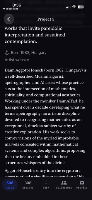 A mobile screenshot of a profile page titled "Project 5" featuring artist Daïm Aggott-Hönsch (born 1982, Hungary), described as a Muslim algorist, apeirographer, and AI artist working with ApeiroAlYad in digital art and mathematics, displayed alongside navigation tabs including "500 Atlas," "Artists," "Book," "Collectors," and "Profile." The page reflects the post's theme by highlighting a veteran digital artist's deep, faith-inspired algorithmic work available through Art Blocks' Curated AB[500] collection.